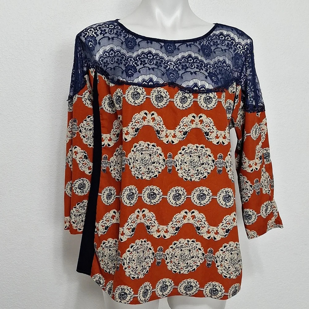 Kut from the Kloth Rust & Blue Floral Geometric Bohemian Lace Blouse Size L